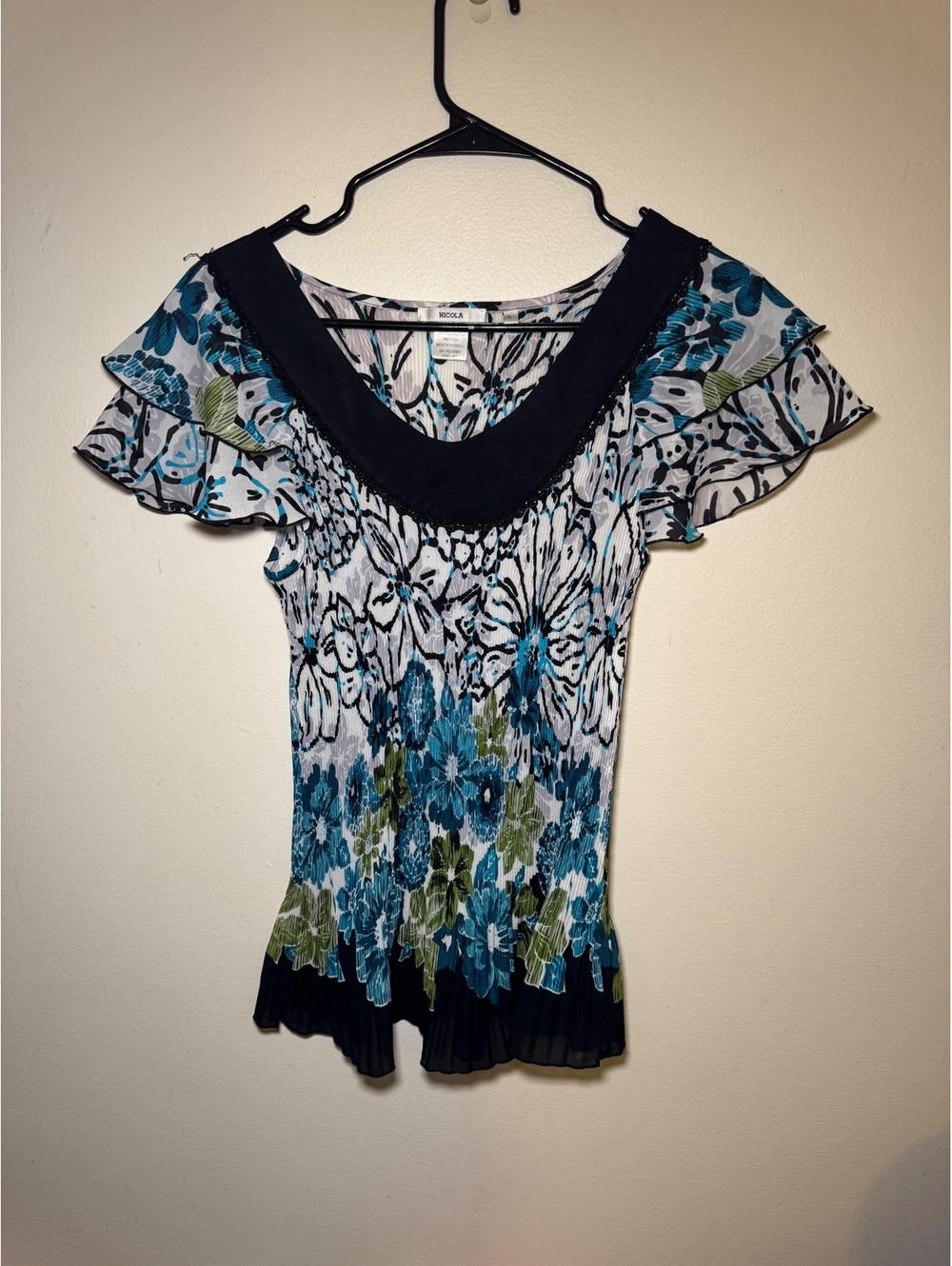 Nicola Blue Green Blouse Floral Accordion Vintage Size Large PTP 24 GC